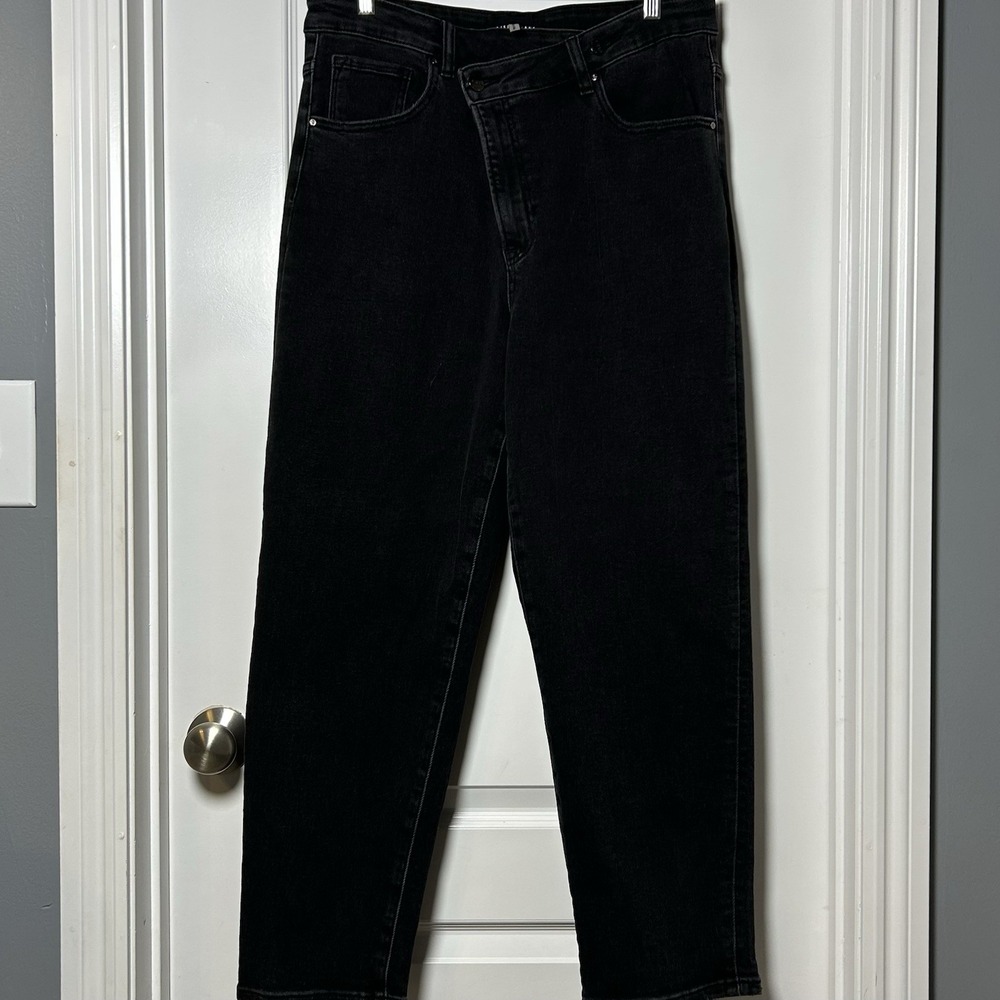 Risen Jeans Black Asymmetric High Rise Straight Leg Denim Mom Jeans Grunge Style